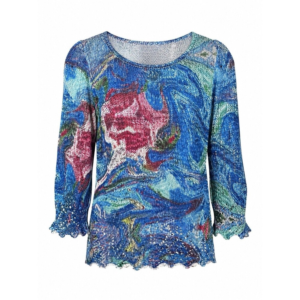 Alison Sheri Open Knit Sweater Women’s Small Blue Floral Mesh 3/4 Sleeve Top